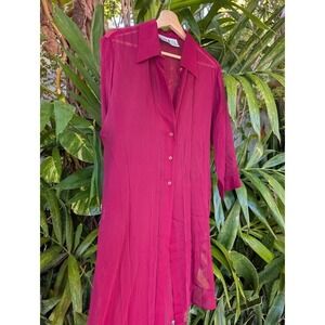 vintage 100% silk chiffon tunic shirt dress 12 sheer burgundy boho slits flouncy
